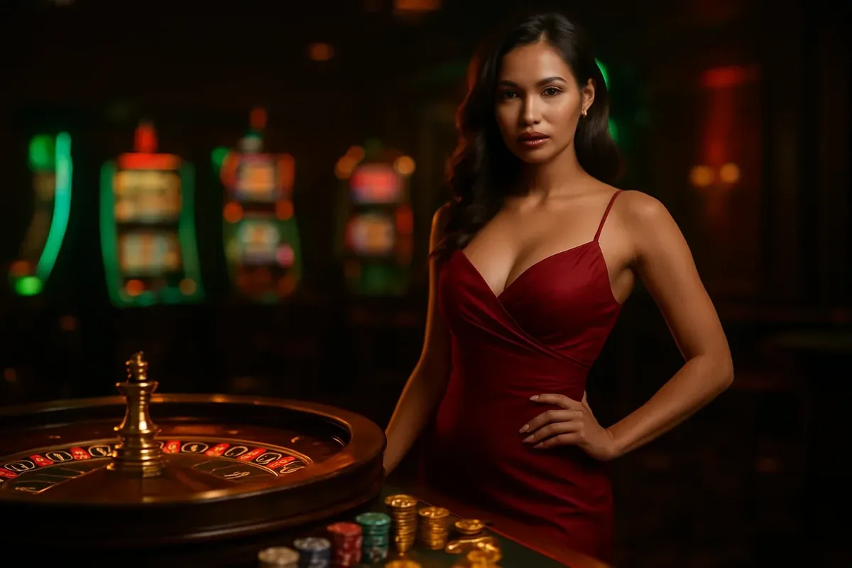 Beautiful woman in red dress standing confidently near roulette and slot machines with neon green and red accents, gold coins, poker chips, and luxury casino atmosphere for Bangladesh homepage