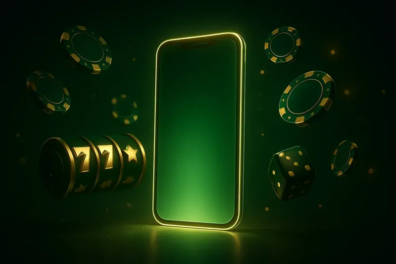 Glowing smartphone with casino chips, slot reels, and dice on dark neon background